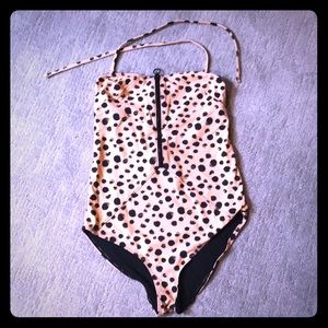 Brand new peach and black polka dot one piece suit
